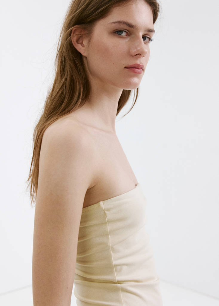 Strapless dress with broderie anglaise embroidery — Sand
