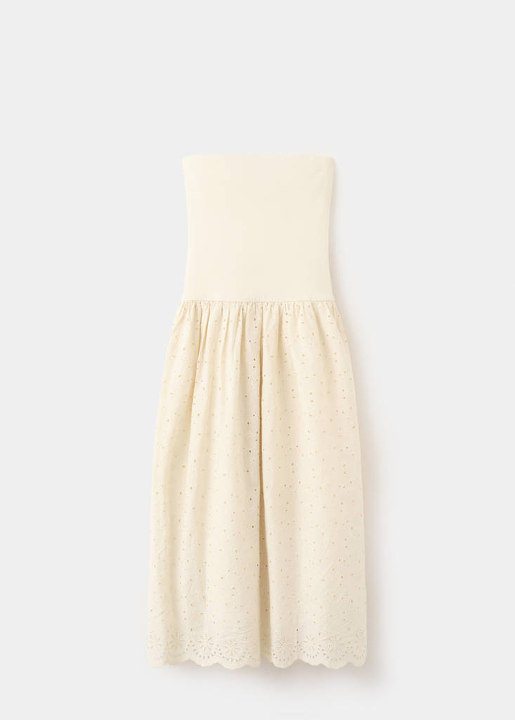 Strapless dress with broderie anglaise embroidery — Sand