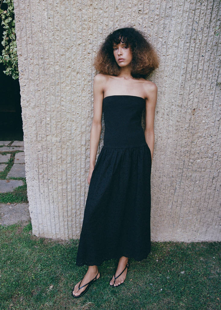 Strapless dress with broderie anglaise embroidery — Black