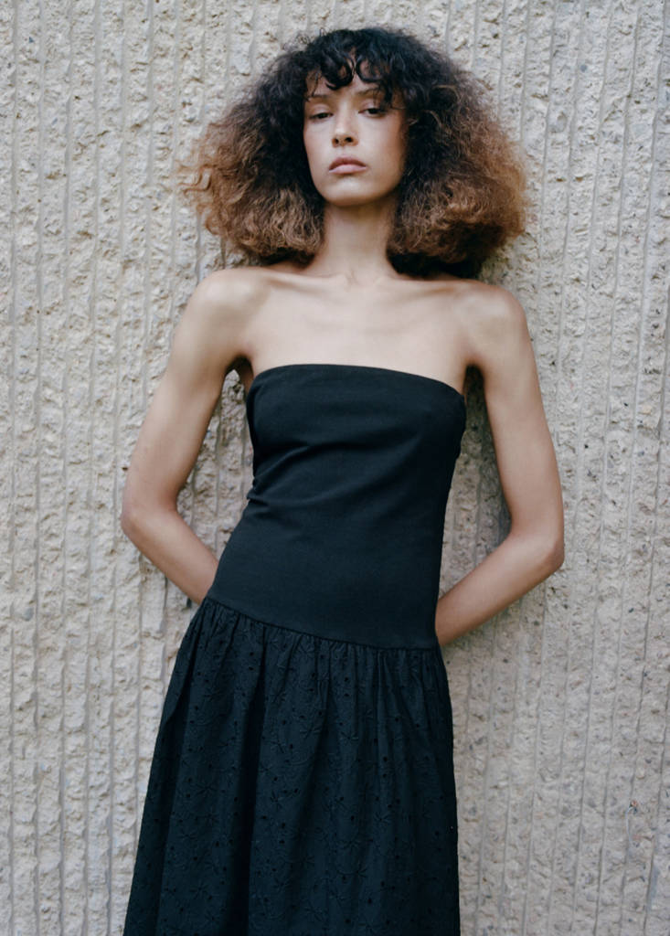 Strapless dress with broderie anglaise embroidery — Black