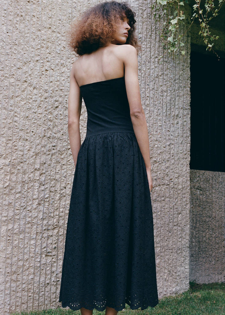 Strapless dress with broderie anglaise embroidery — Black
