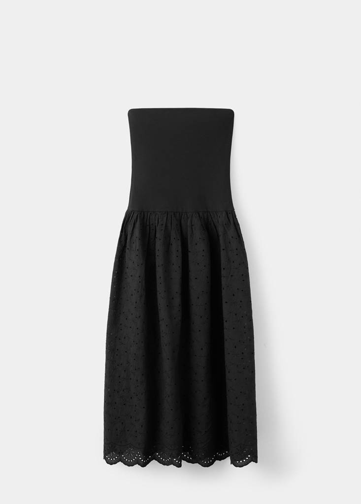 Strapless dress with broderie anglaise embroidery — Black