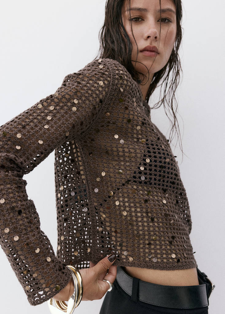 Sequin crochet sweater — Chocolate