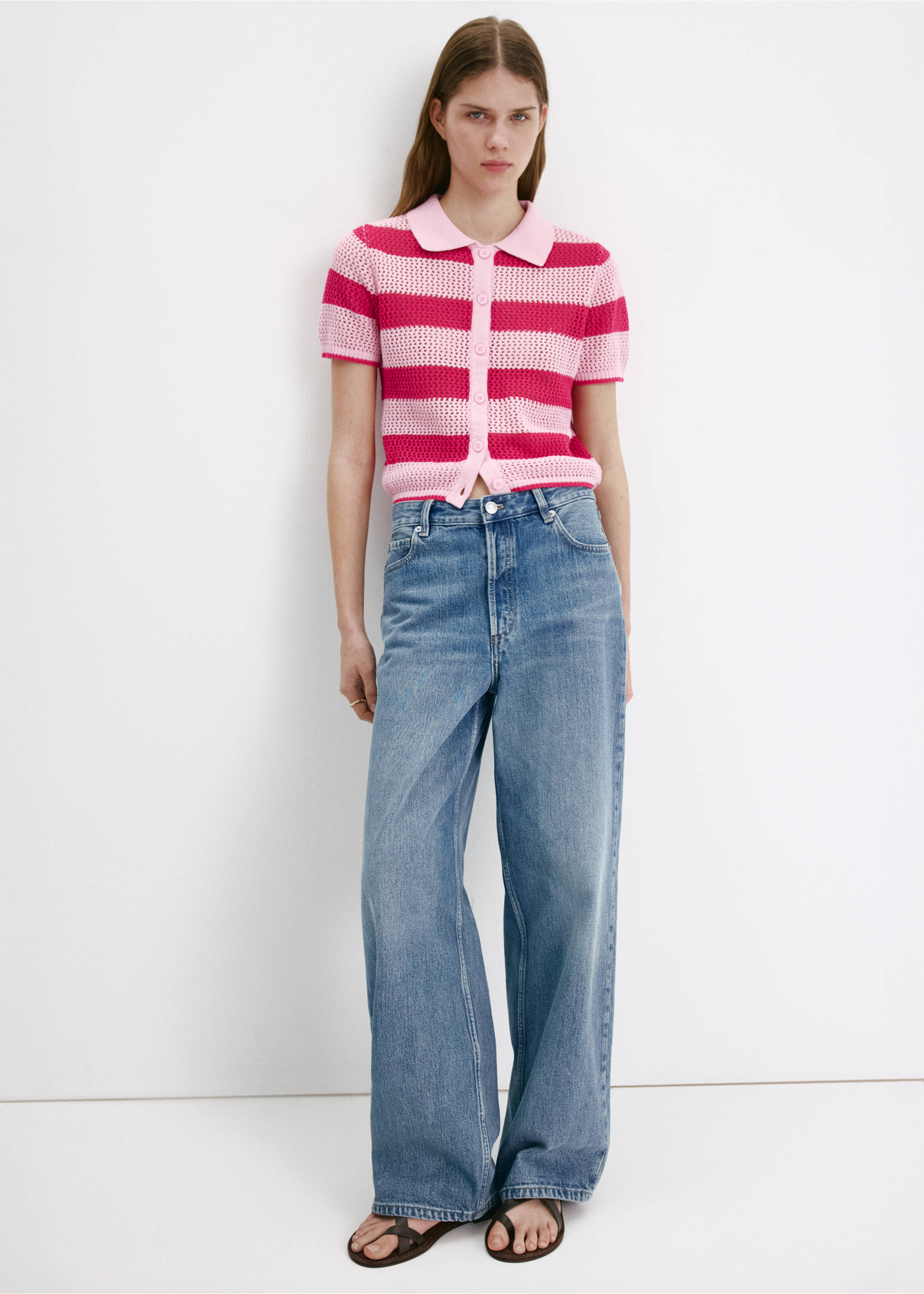 Striped openwork knitted cardigan - General plane, Pink. Ref: 37081390-00.