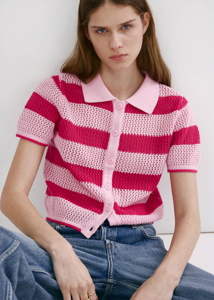 Striped openwork knitted cardigan — Pink