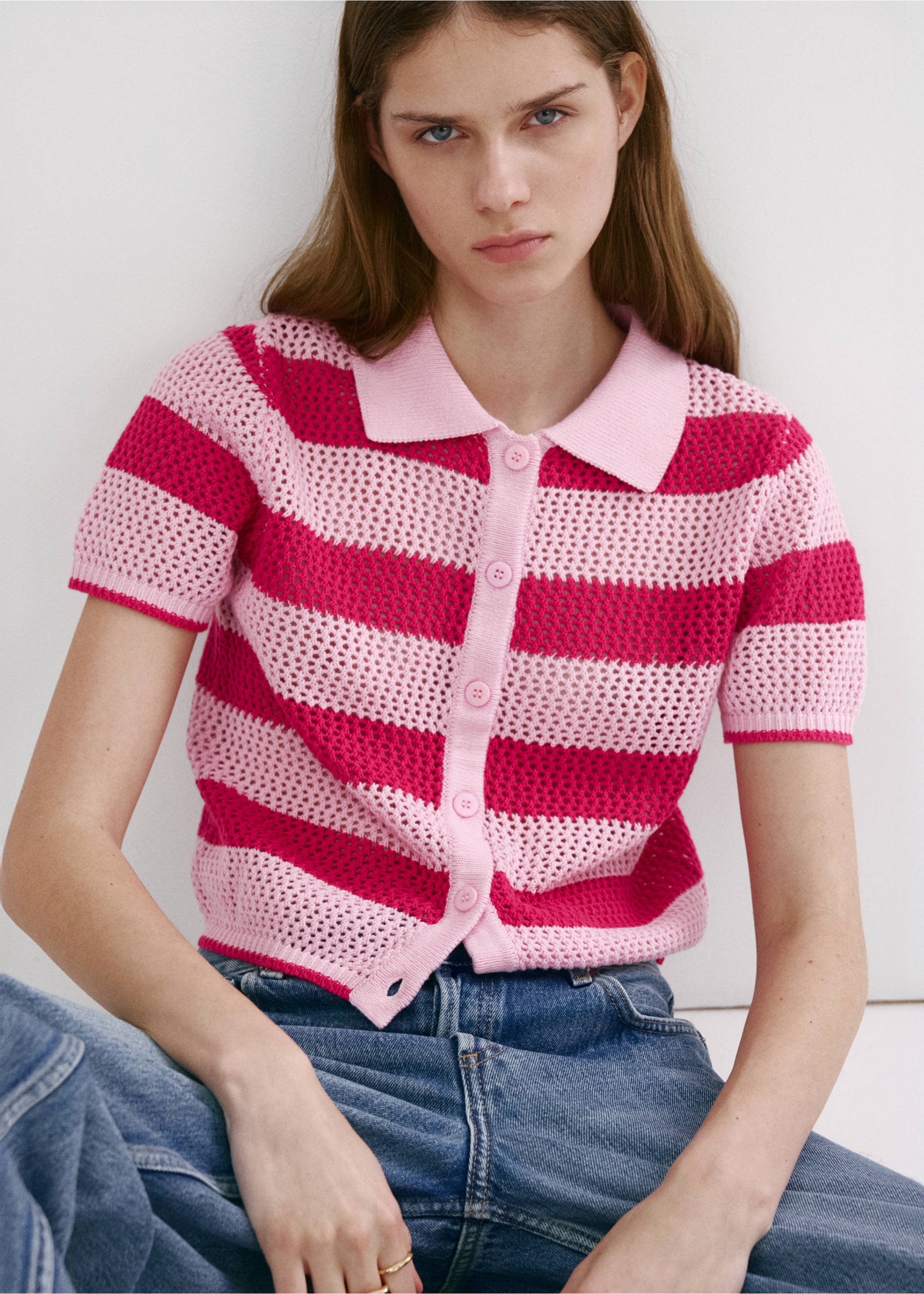 Striped openwork knitted cardigan - Medium plane, Pink. Ref: 37081390-00.