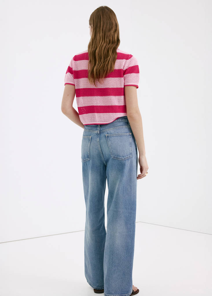 Striped openwork knitted cardigan — Pink