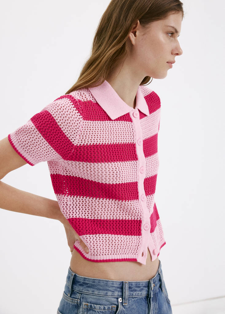 Striped openwork knitted cardigan — Pink