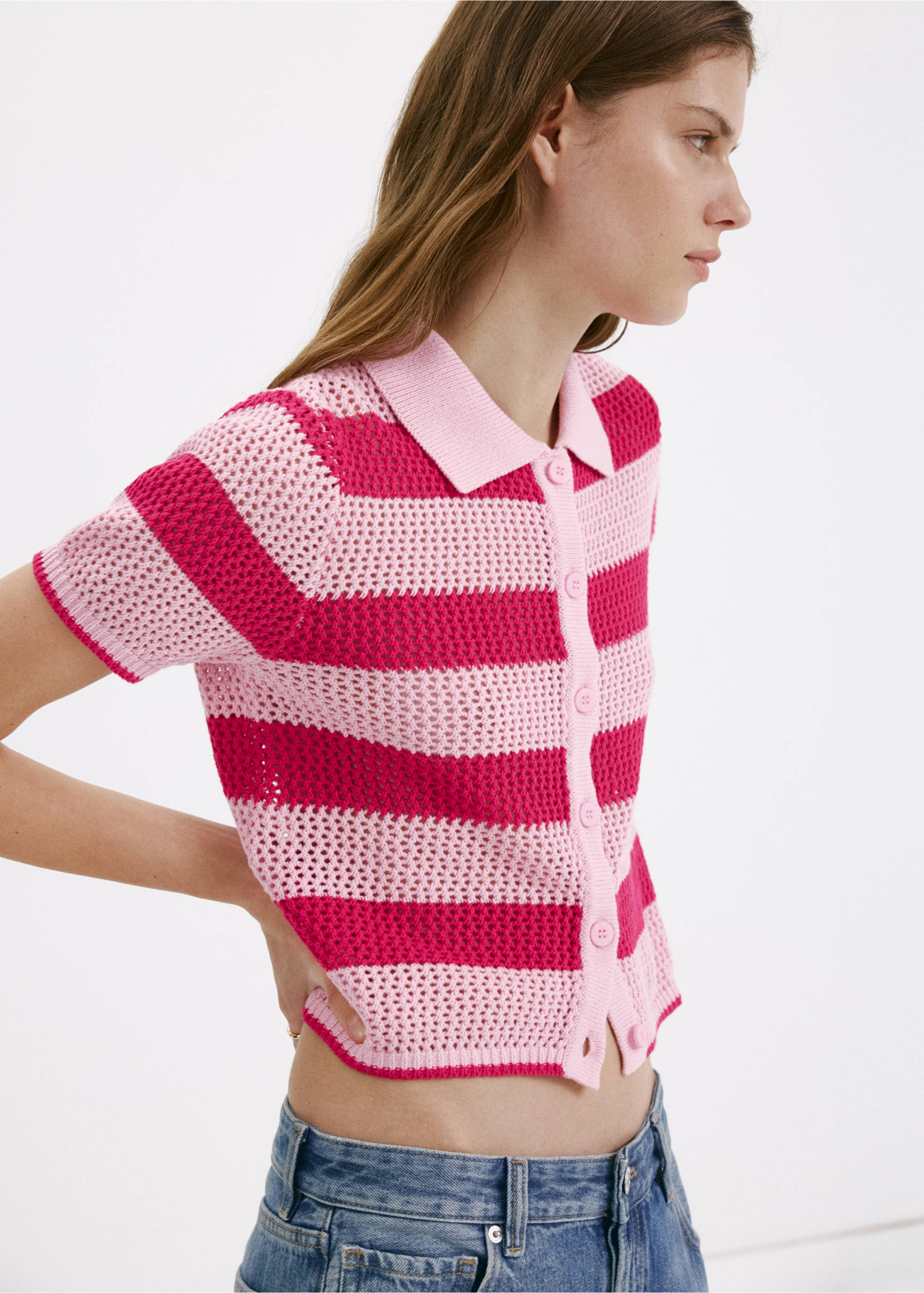 Striped openwork knitted cardigan - Details of the article 3, Pink. Ref: 37081390-00.