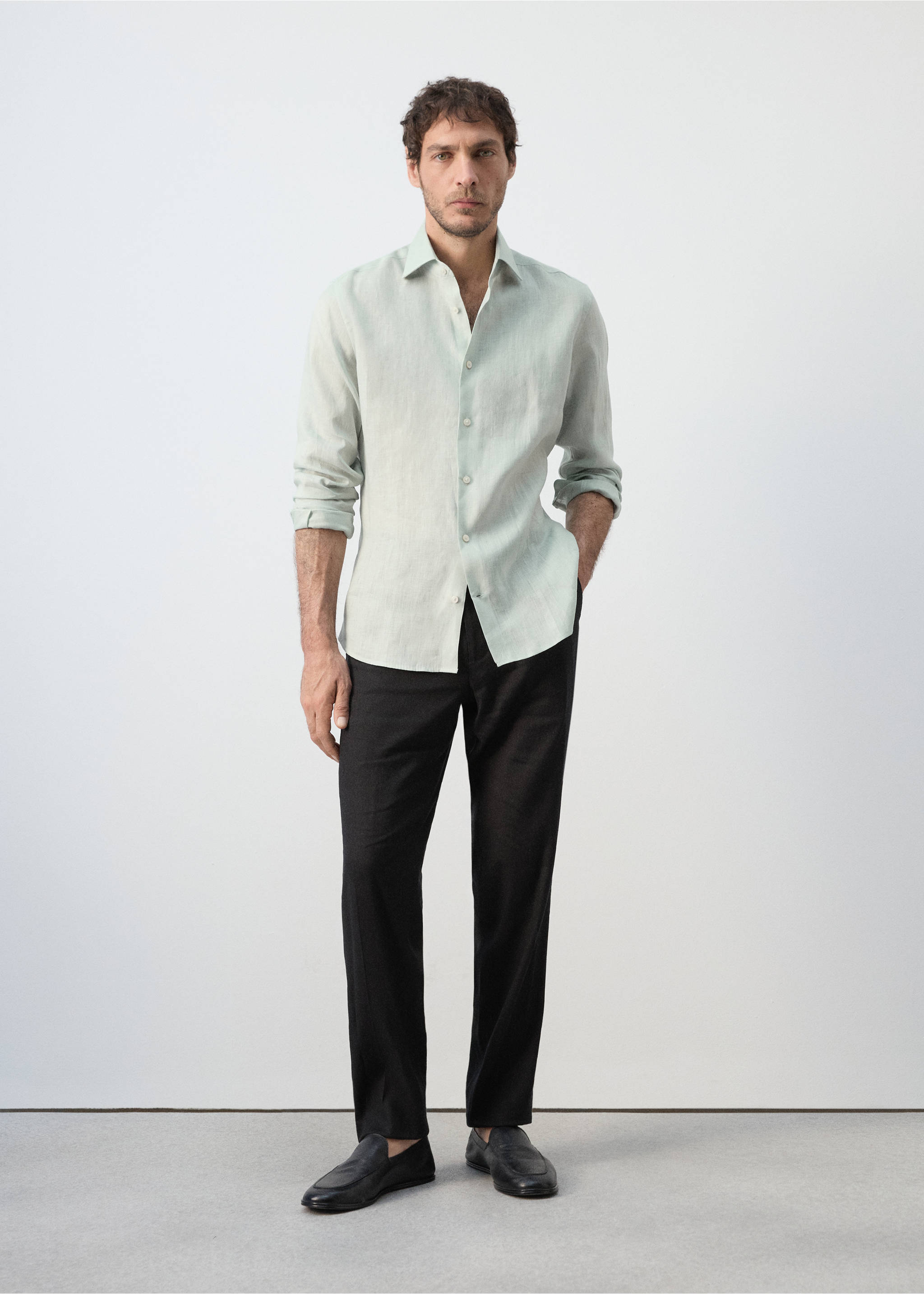 Camisa slim fit 100% lino - Plano general, Verde agua. Ref: 37081422-00.