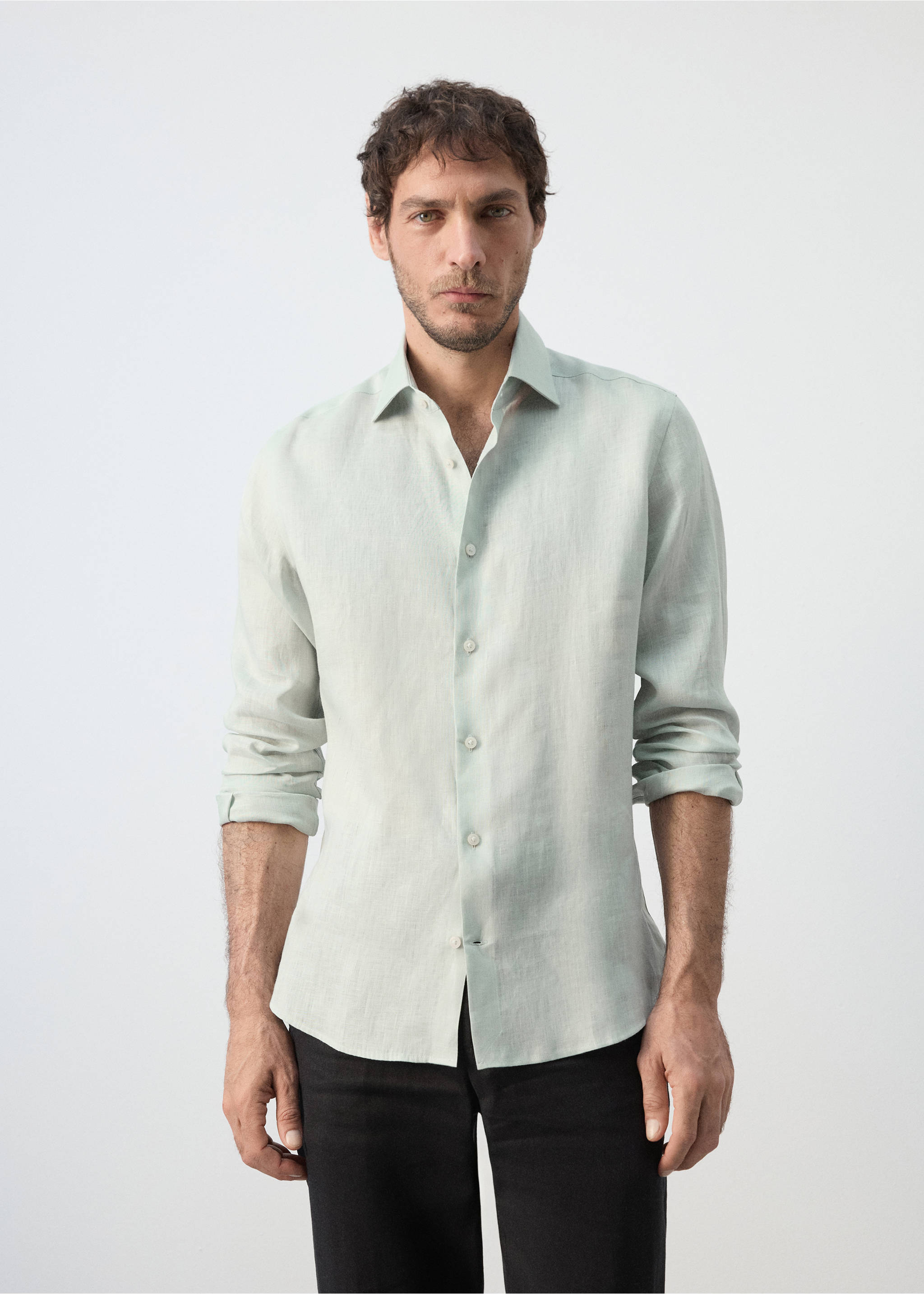Camisa slim fit 100% lino - Plano medio, Verde agua. Ref: 37081422-00.