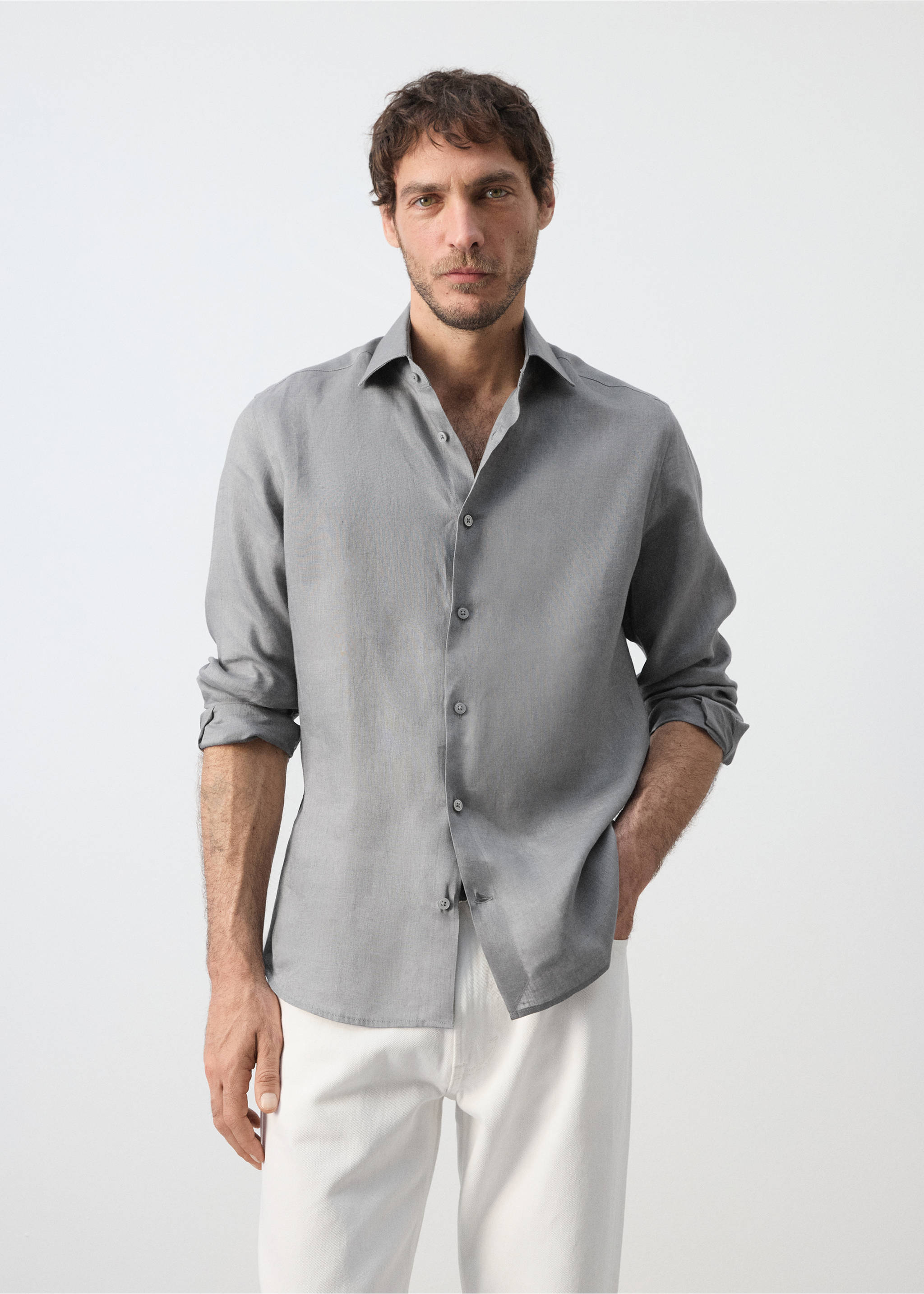 Camisa slim fit 100% lino - Plano medio, Gris antracita. Ref: 37081422-00.
