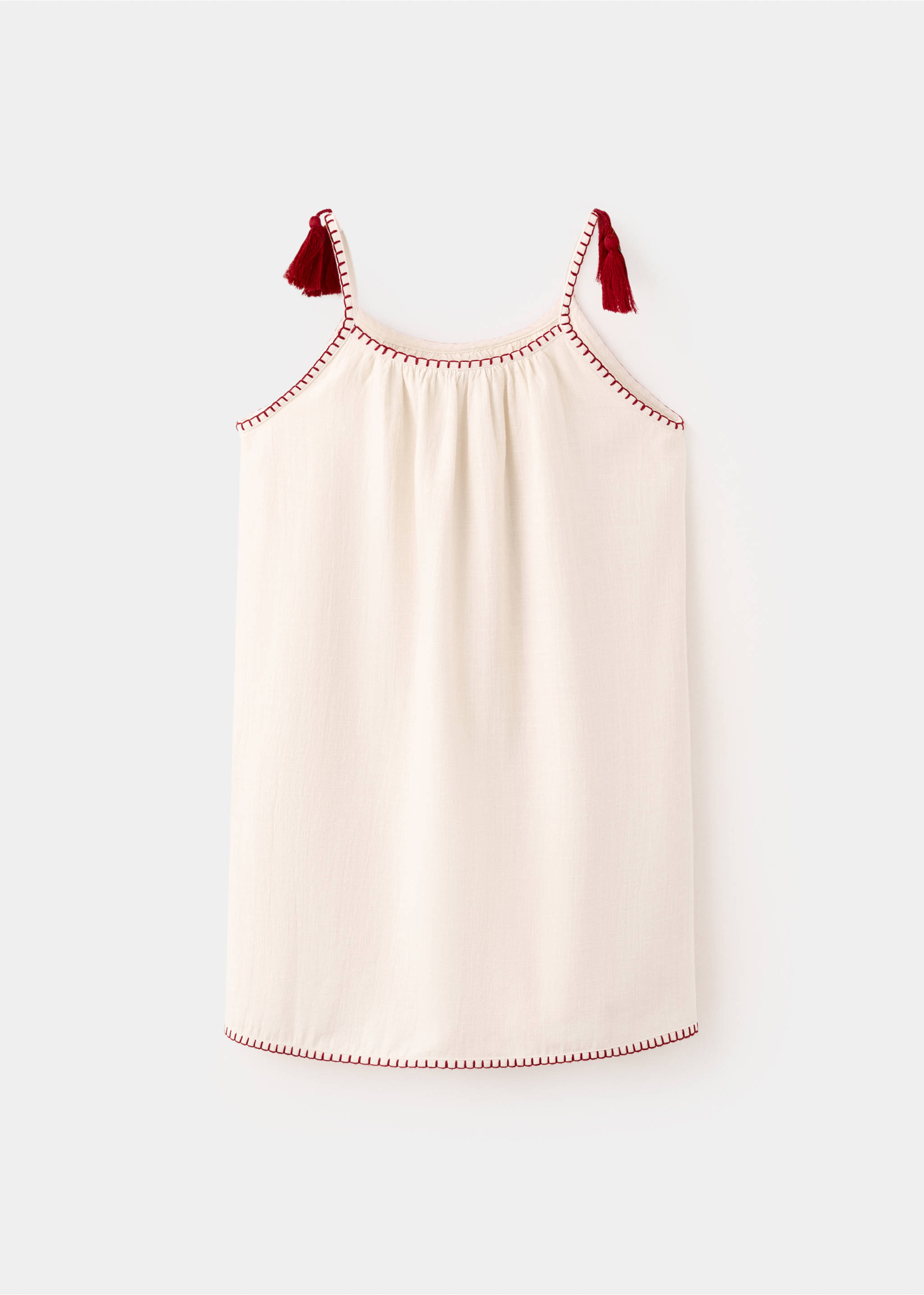 Dress with embroidered details and tassels - Reverse of the article, Ecru. Ref: 37081429-00.