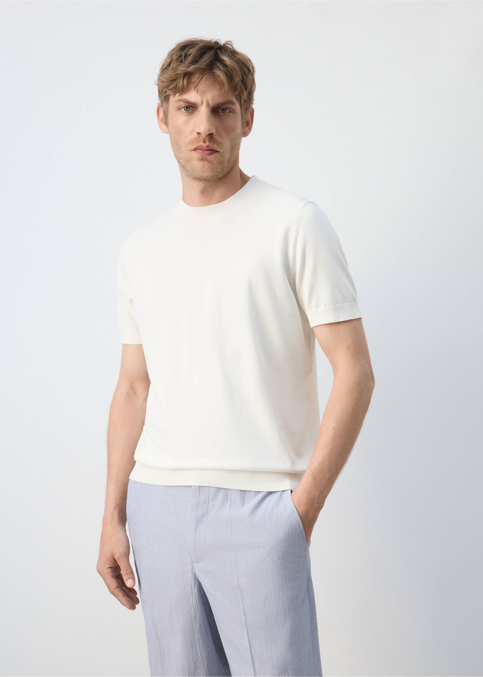 Camiseta punto fino algodón - Plano medio, Blanco roto. Ref: 37081435-00.