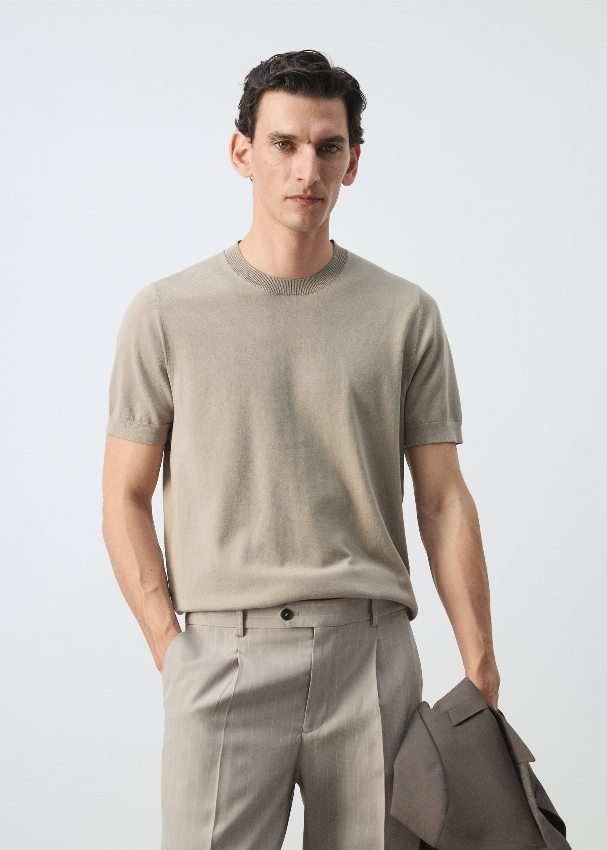 T-shirt maille fine coton - Plan moyen, Sable. Ref: 37081435-00.