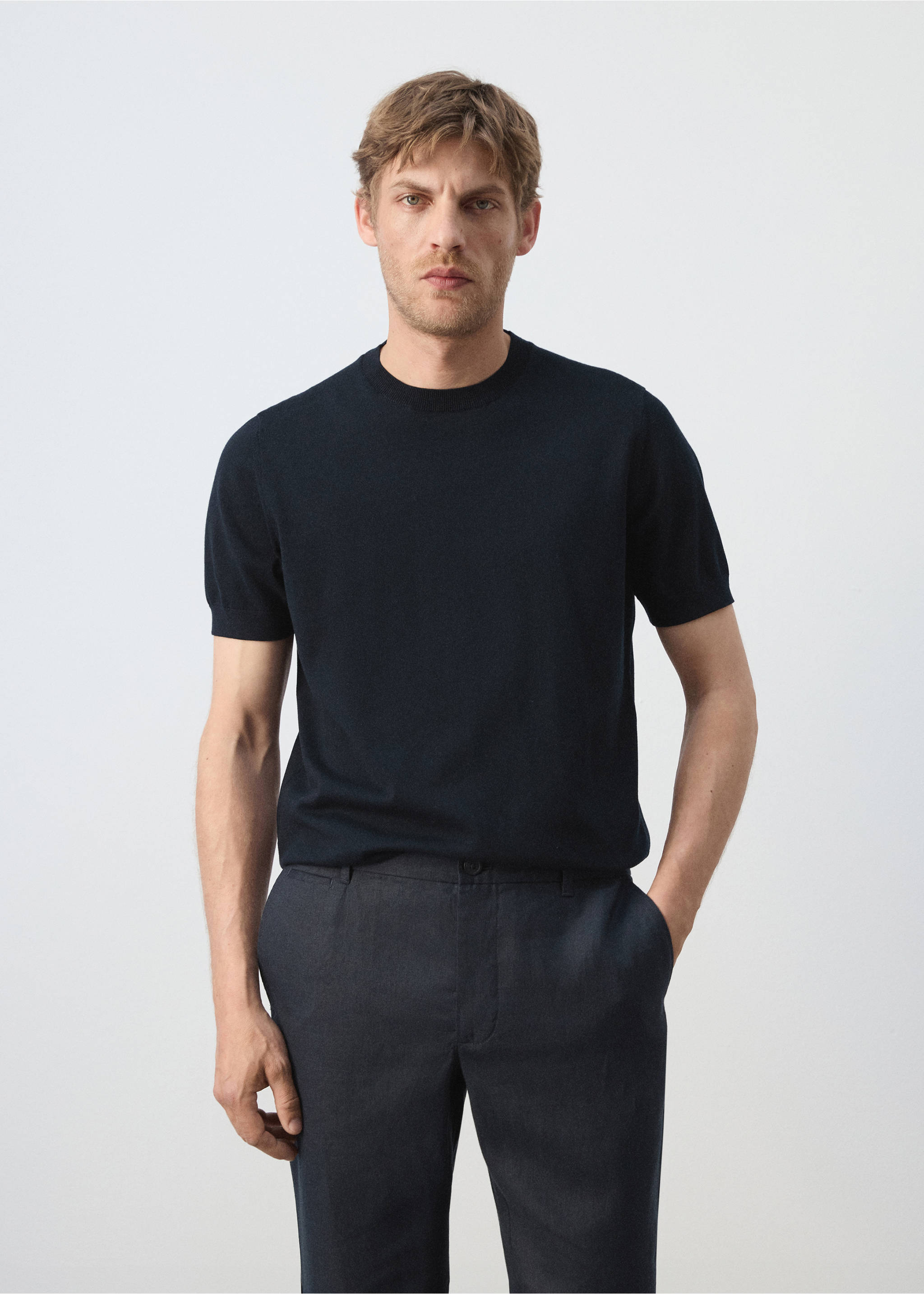 Cotton fine-knit t-shirt - Medium plane, Night Blue. Ref: 37081435-00.