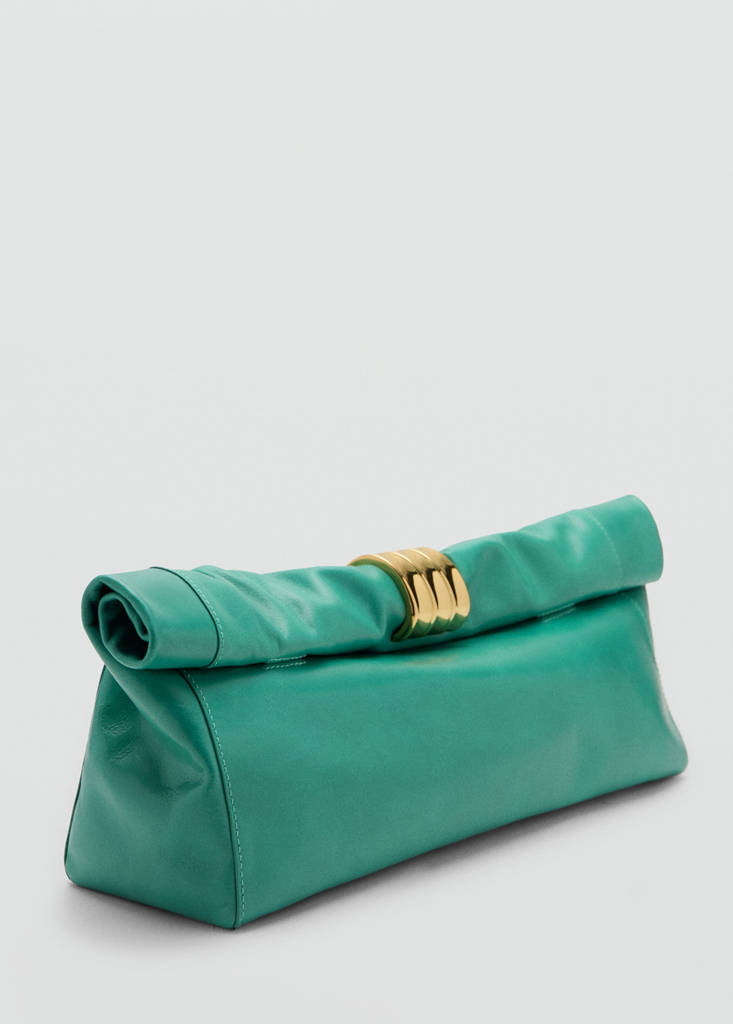 Leather clutch bag with metallic appliqué — Turquoise