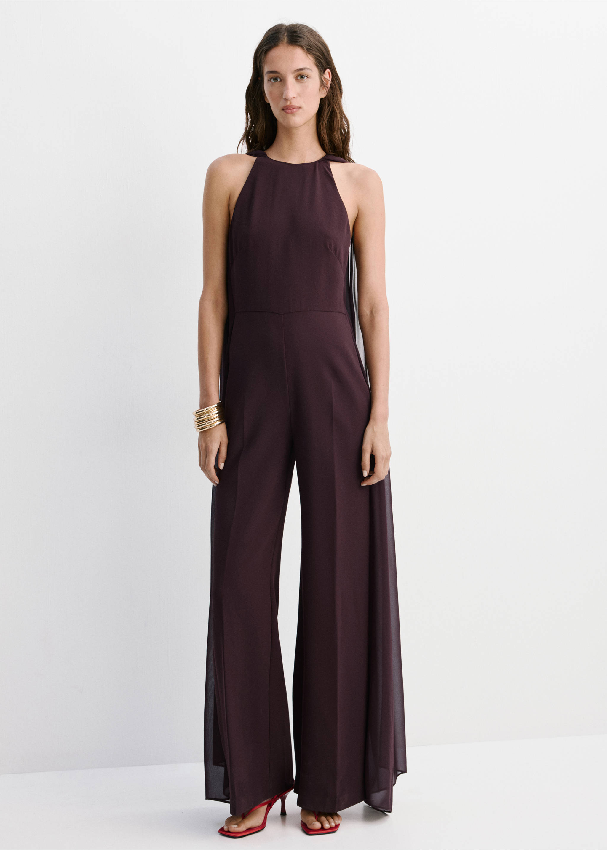 Long sleeve jumpsuit with openings - General plane, Chocolate. Ref: 37081450-00.