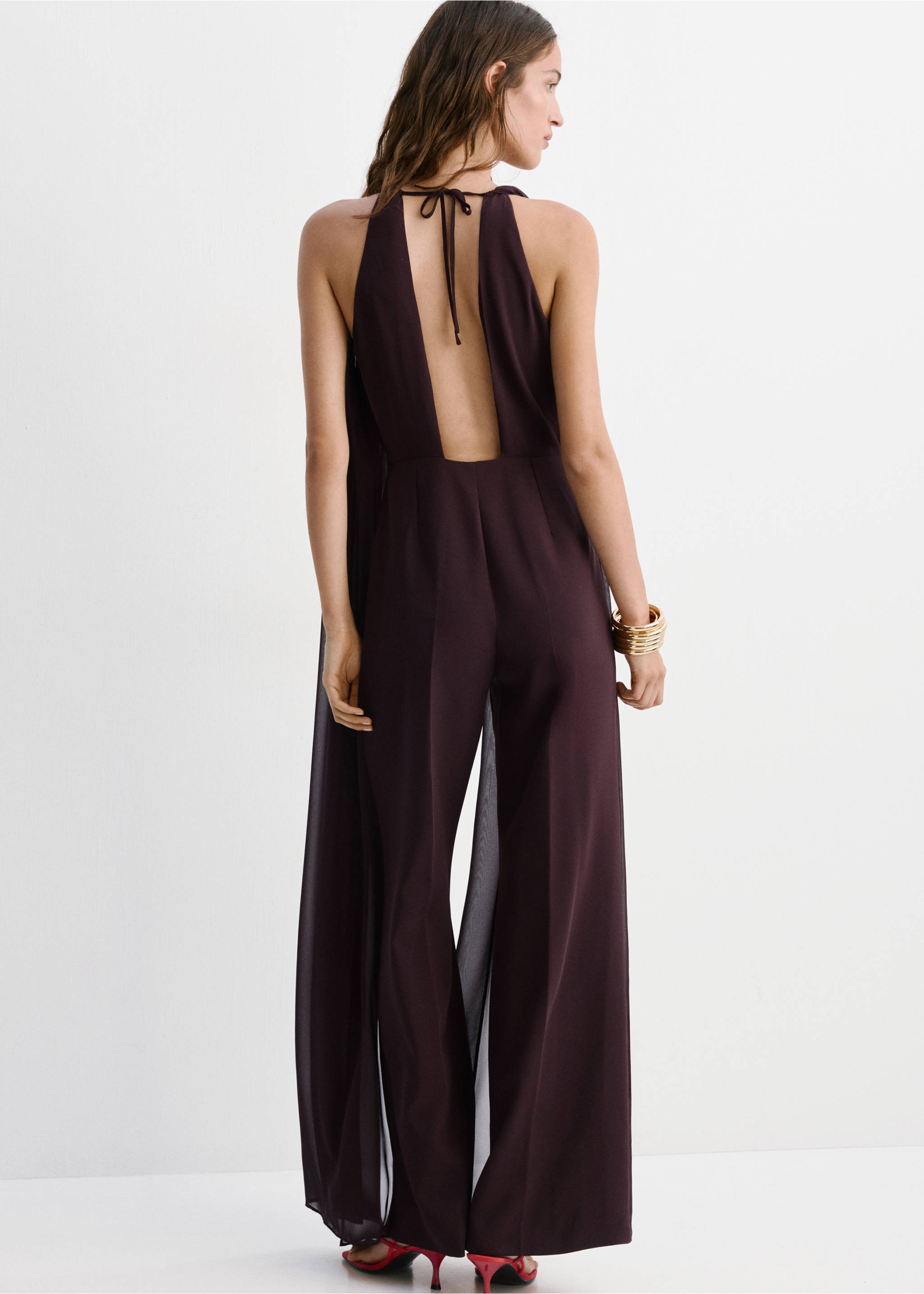 Long sleeve jumpsuit with openings - Reverse of the article, Chocolate. Ref: 37081450-00.