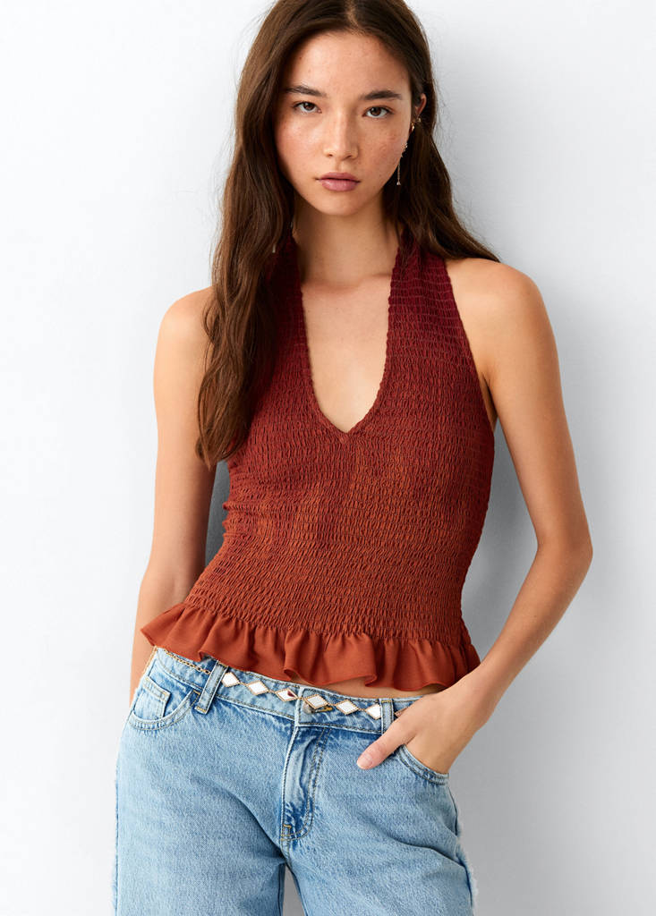 Frilly ruffled top — Burnt Orange