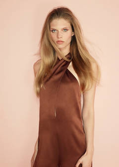 Wrap neckline satin jumpsuit — Brown 1