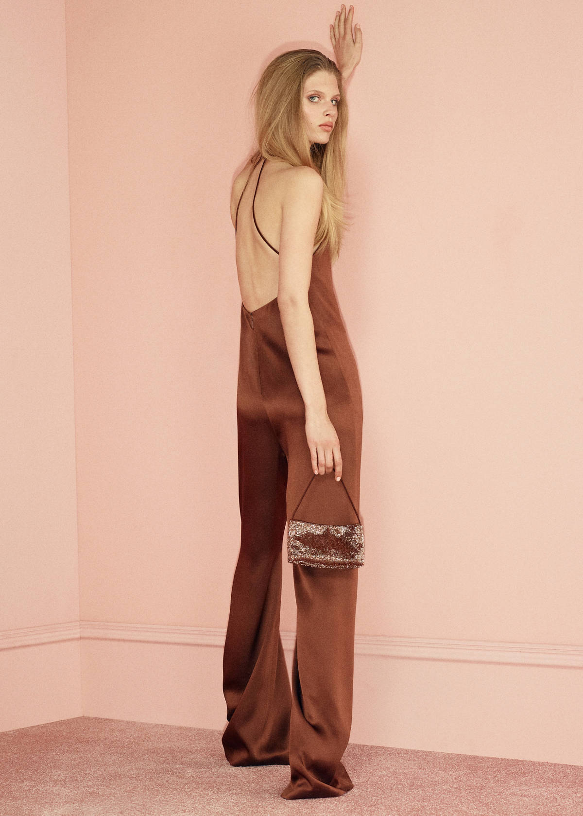 Wrap neckline satin jumpsuit — Brown