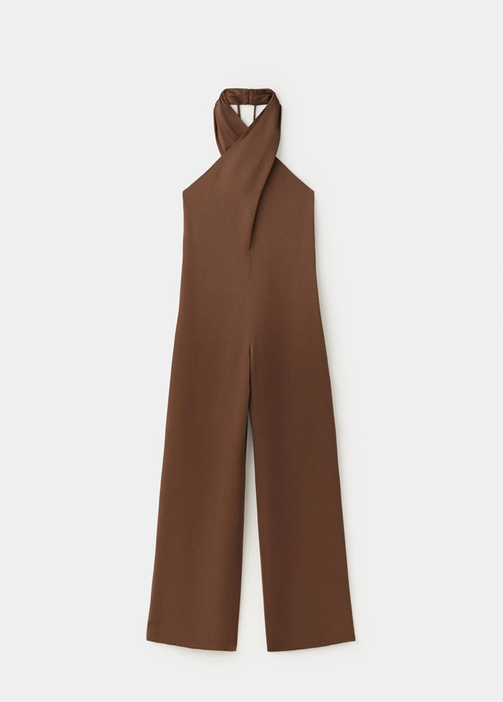 Wrap neckline satin jumpsuit — Brown