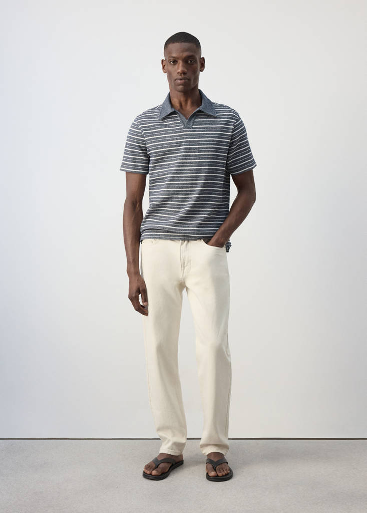 Textured striped cotton blend polo — Navy