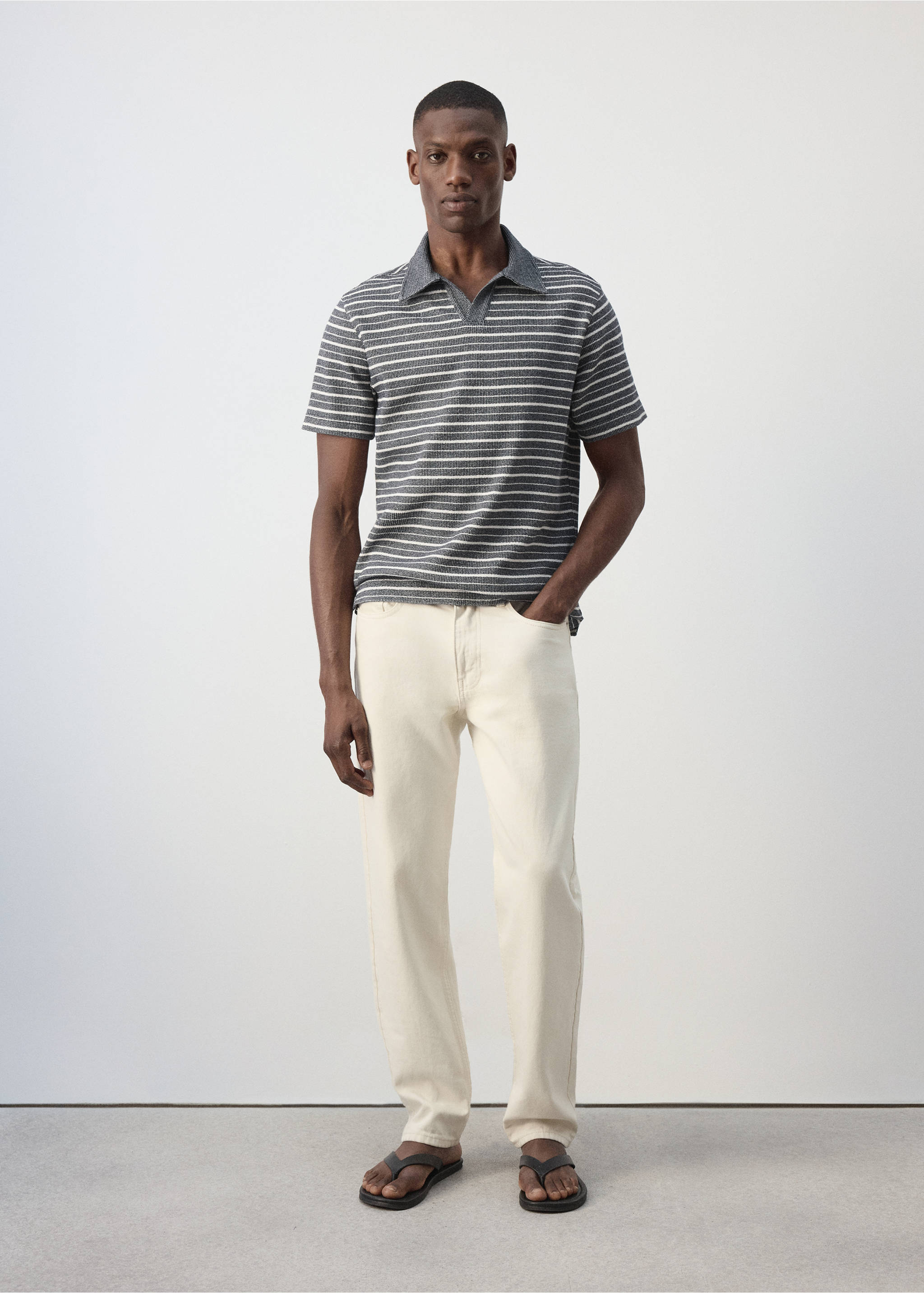 Textured striped cotton blend polo - General plane, Navy. Ref: 37081462-00.