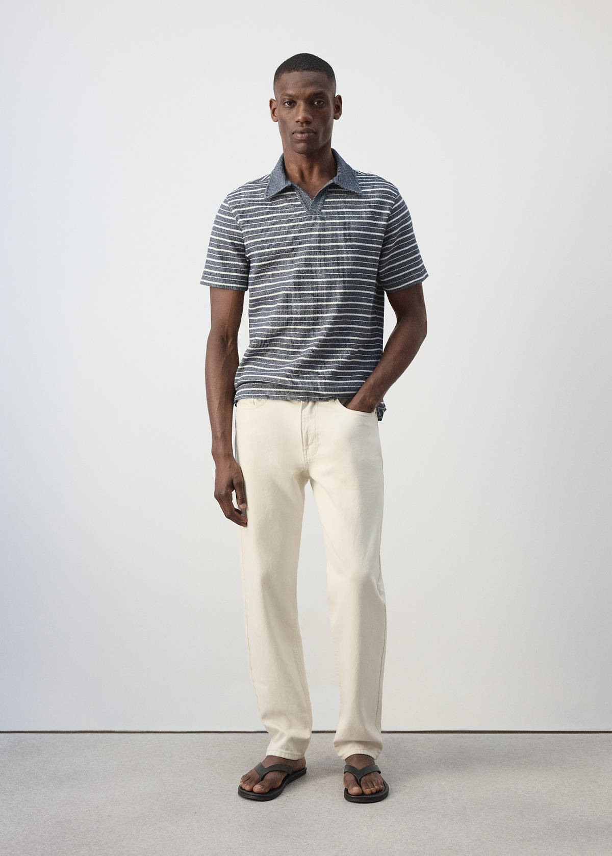 Textured striped cotton blend polo — Navy