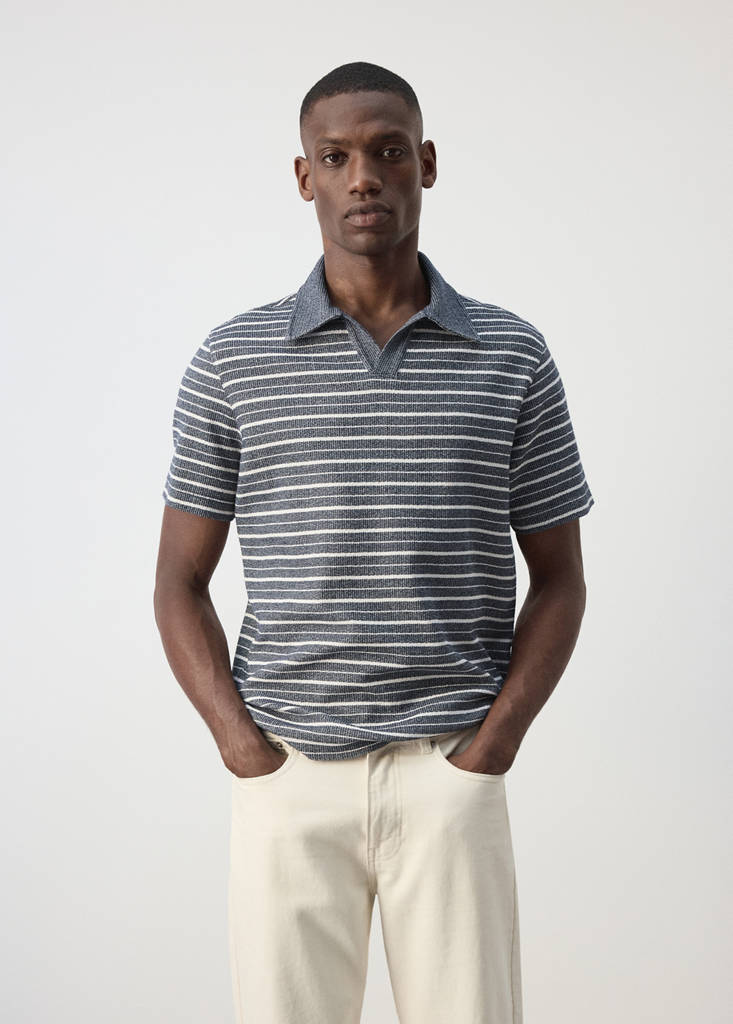 Textured striped cotton blend polo — Navy