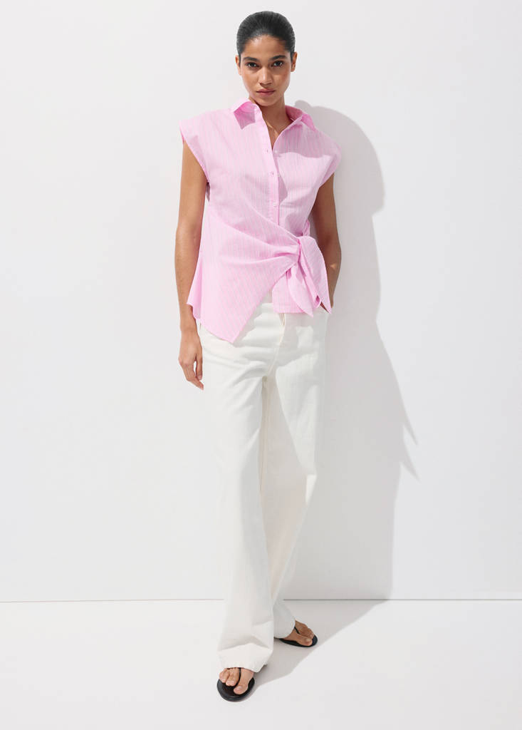 Striped cotton shirt with tie detail — Pink
