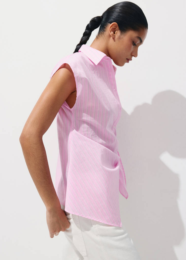 Striped cotton shirt with tie detail — Pink