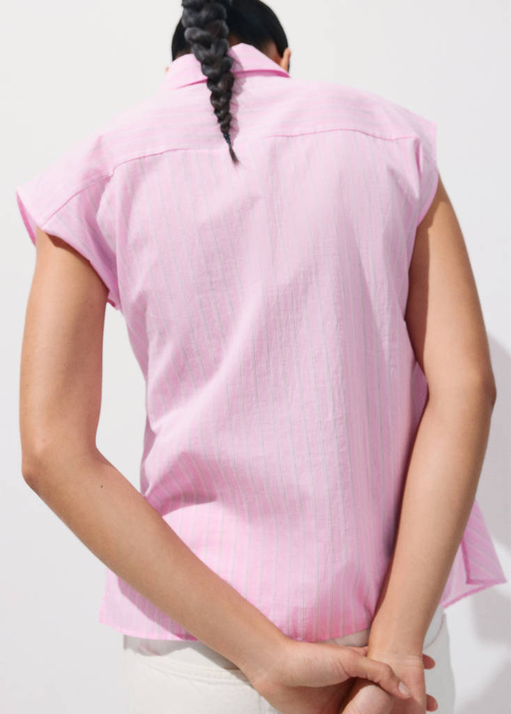 Striped cotton shirt with tie detail — Pink