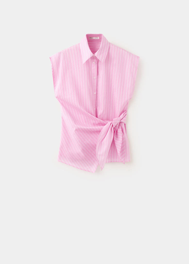 Striped cotton shirt with tie detail — Pink