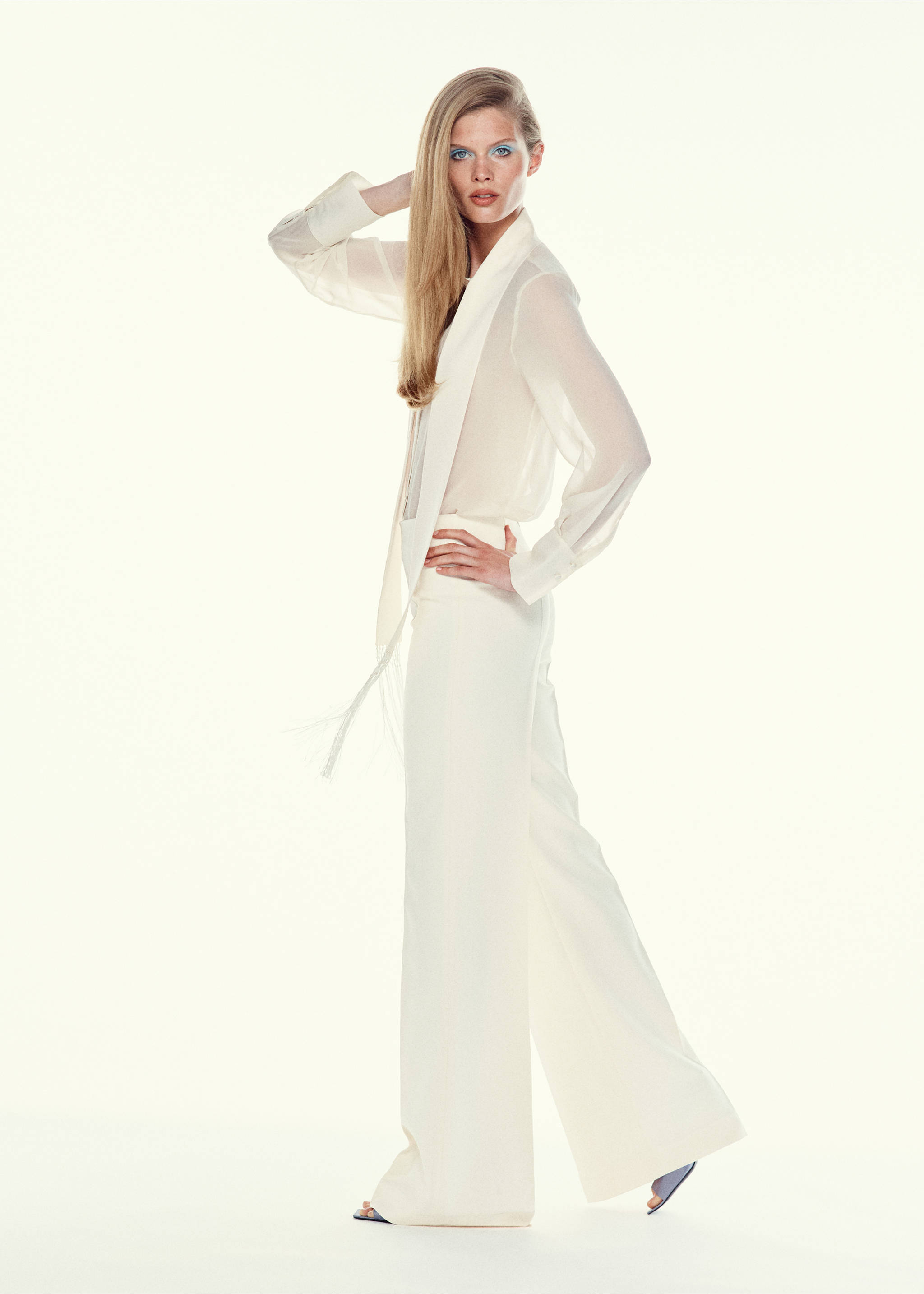 Шелковая рубашка с фуляром и бахромой - Деталь изделия 2, Грязно-белый. Ref: 37081482-00.