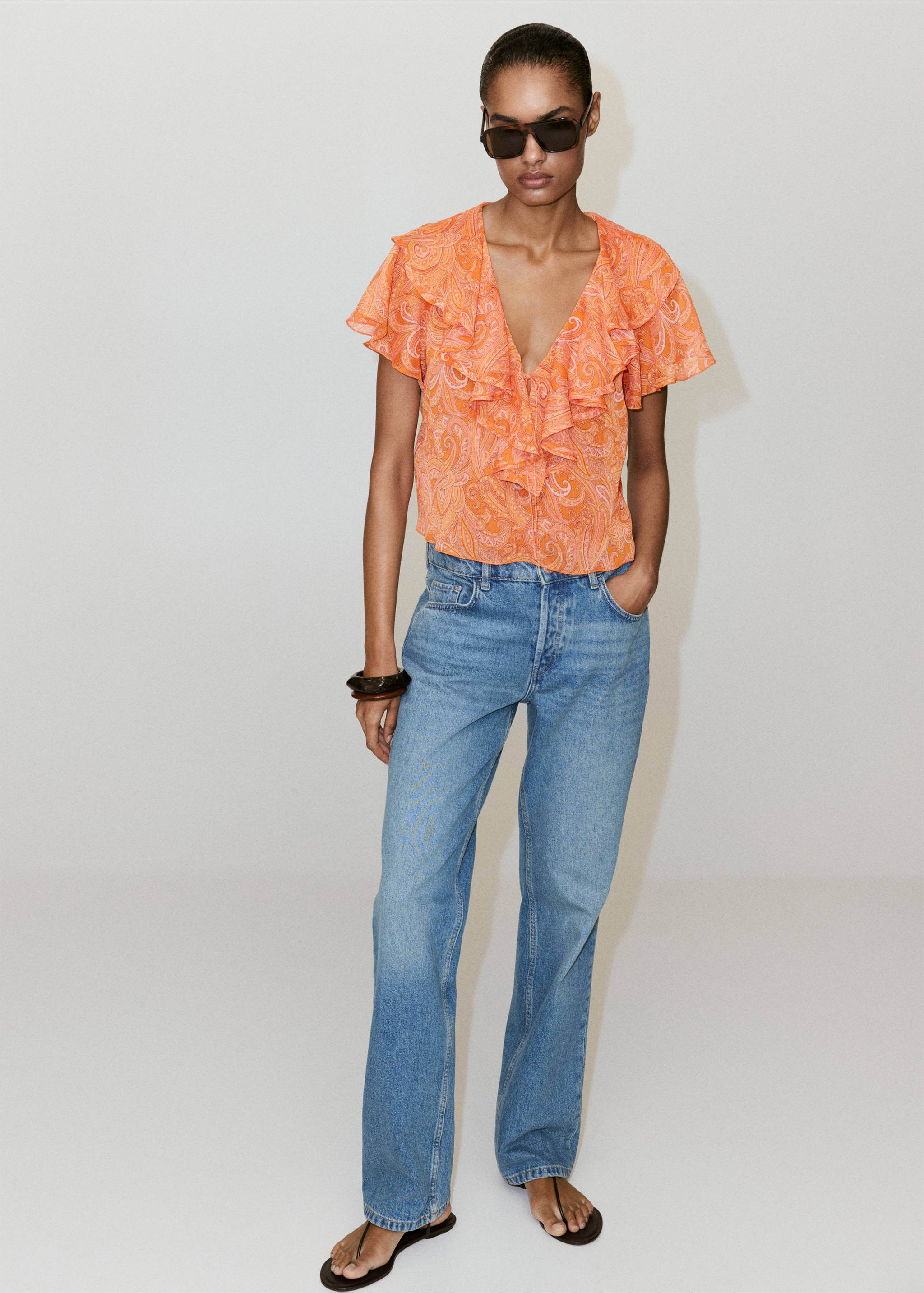Blouse imprimée à volants - Plan général, Orange. Ref: 37081486-00.