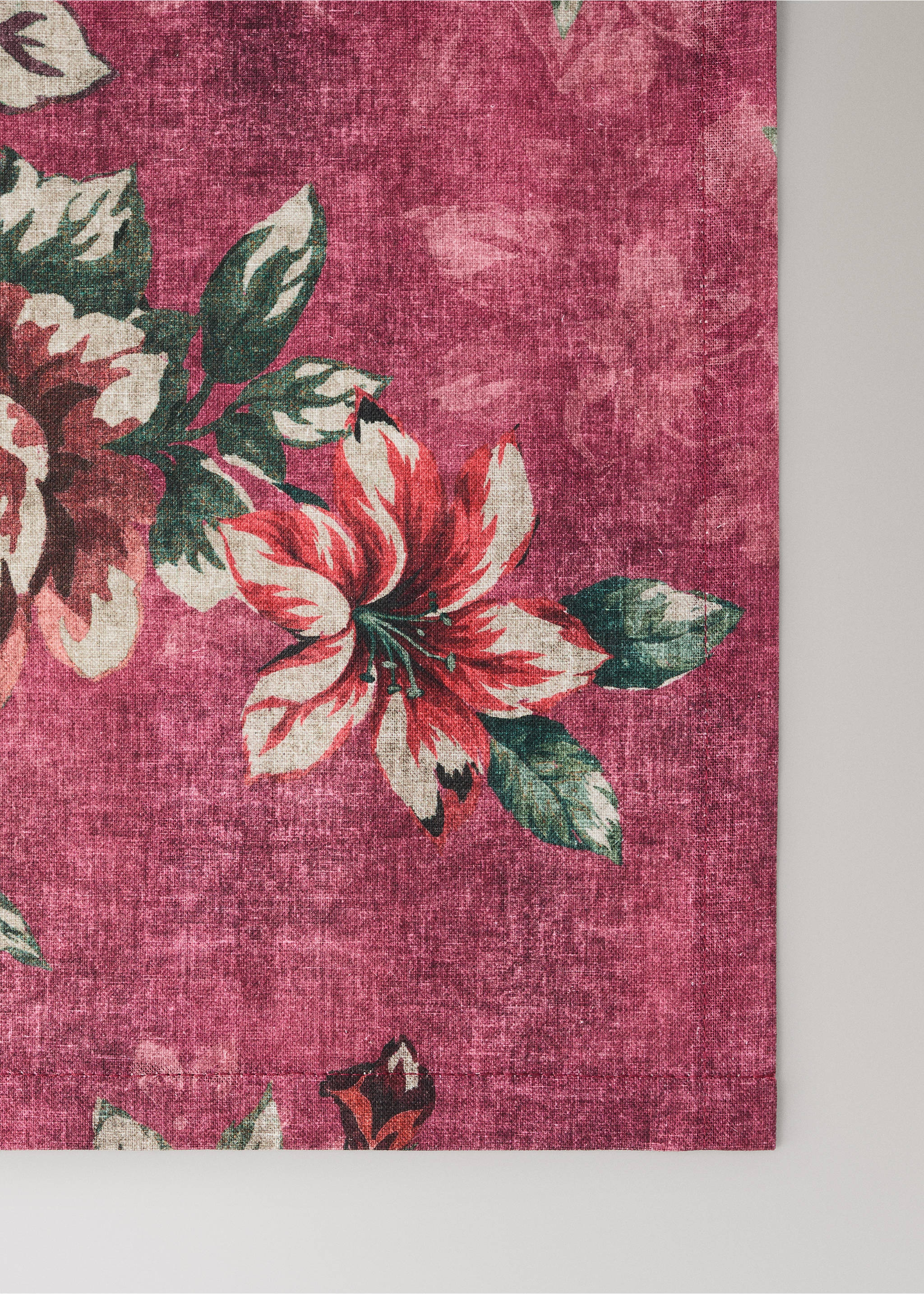 Mantel lino algodón estampado flor contraste raya 8 a 10 comensales - Detalle del artículo 2, Rosa. Ref: 37081530-00.