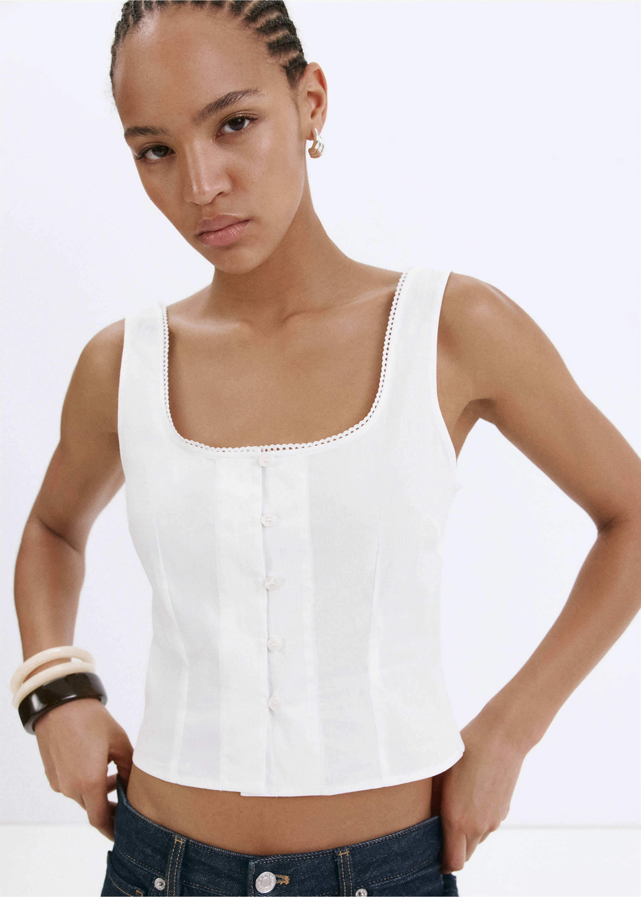 Blouse with button and lace details - Medium plane, Off White. Ref: 37081547-00.