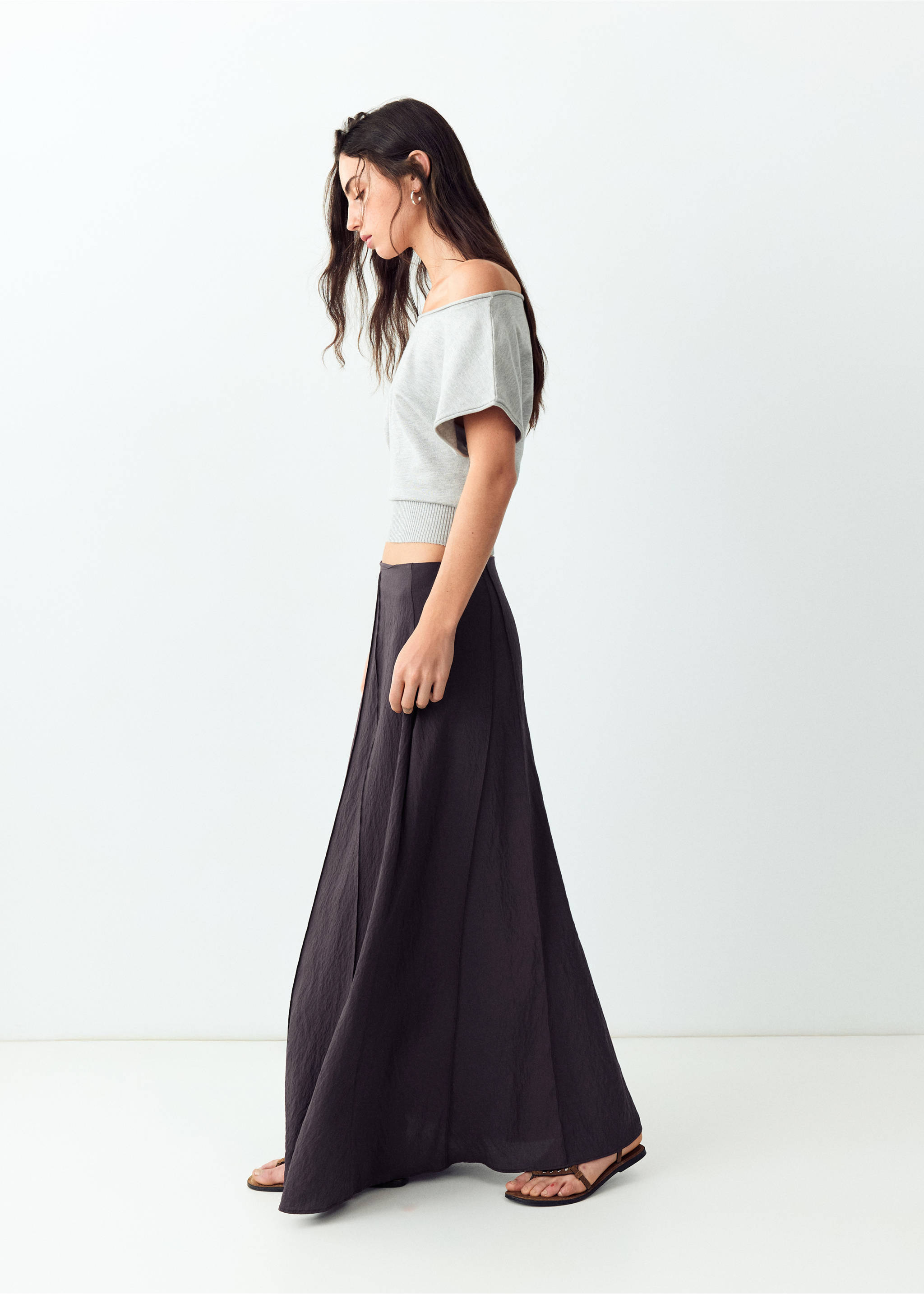 Midi skirt with textured stitching details - Medium plane, Brown. Ref: 37082537-00.