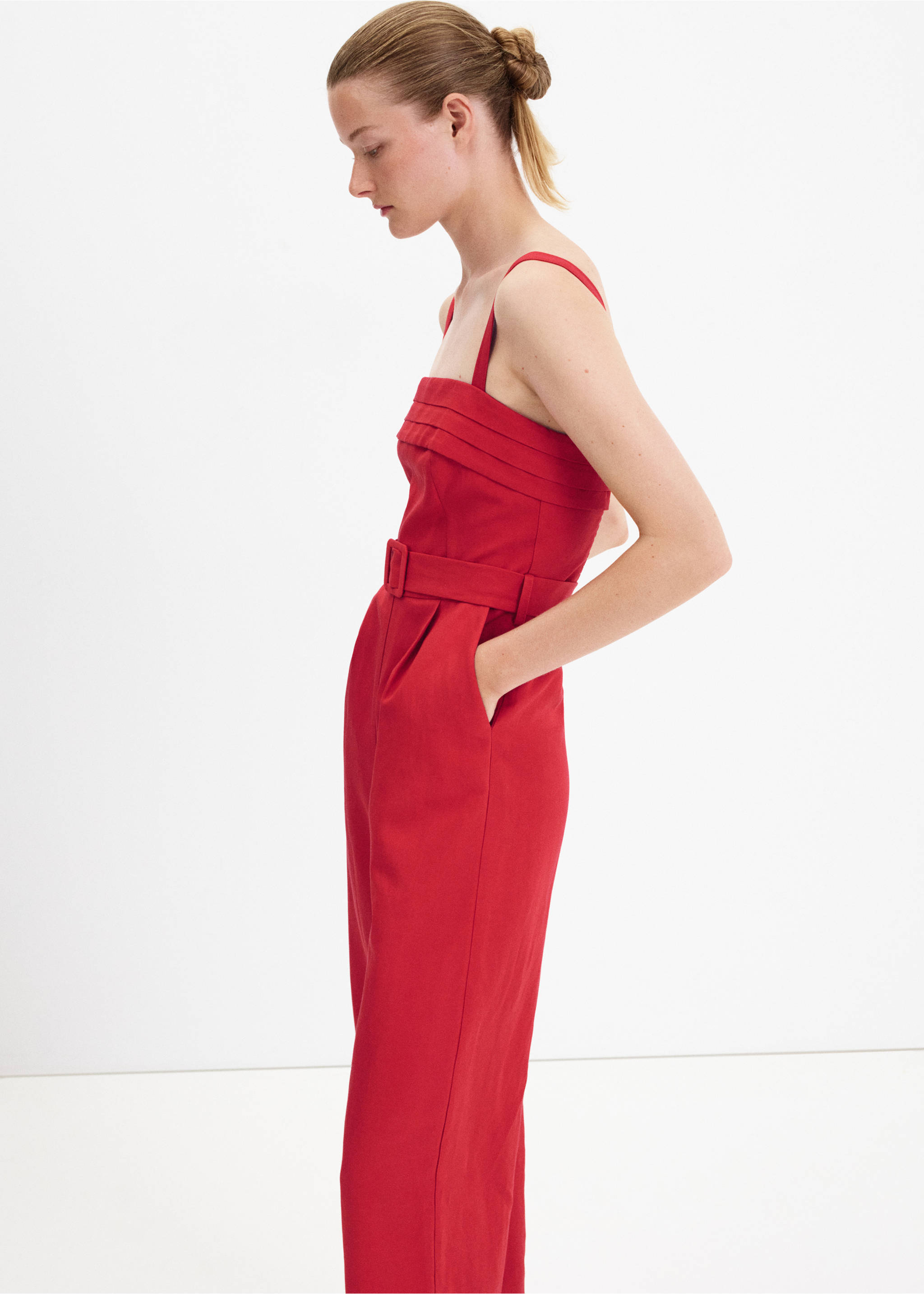 Belt linen jumpsuit - Medium plane, Red. Ref: 37082539-00.