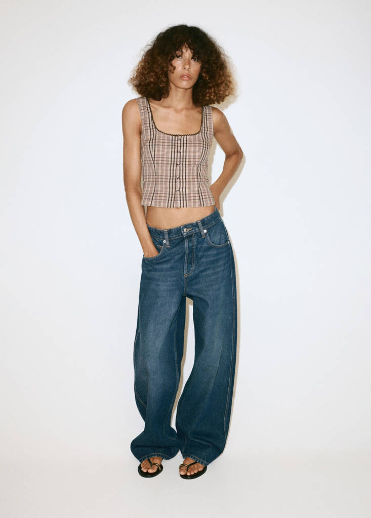 Bawełniany top w kratę brązowy - Kobieta - XS - MANGO
