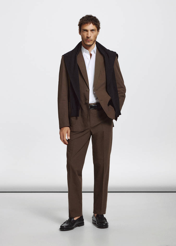 Slim fit cotton lyocell blend blazer — Brown