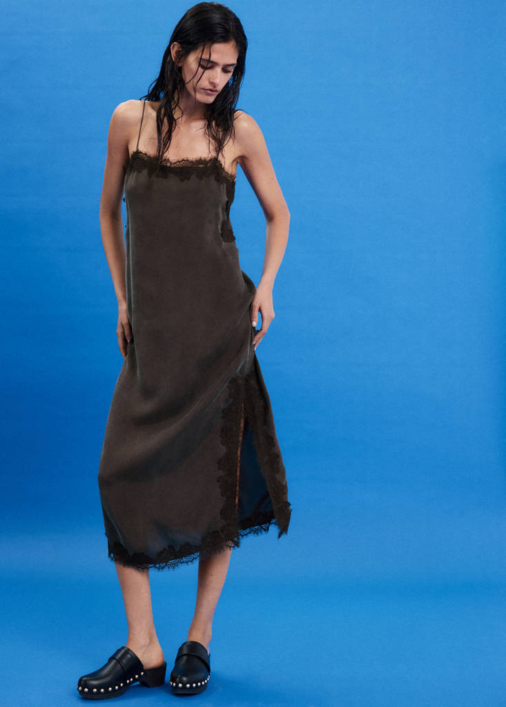 Lace slip dress with side split — Brown