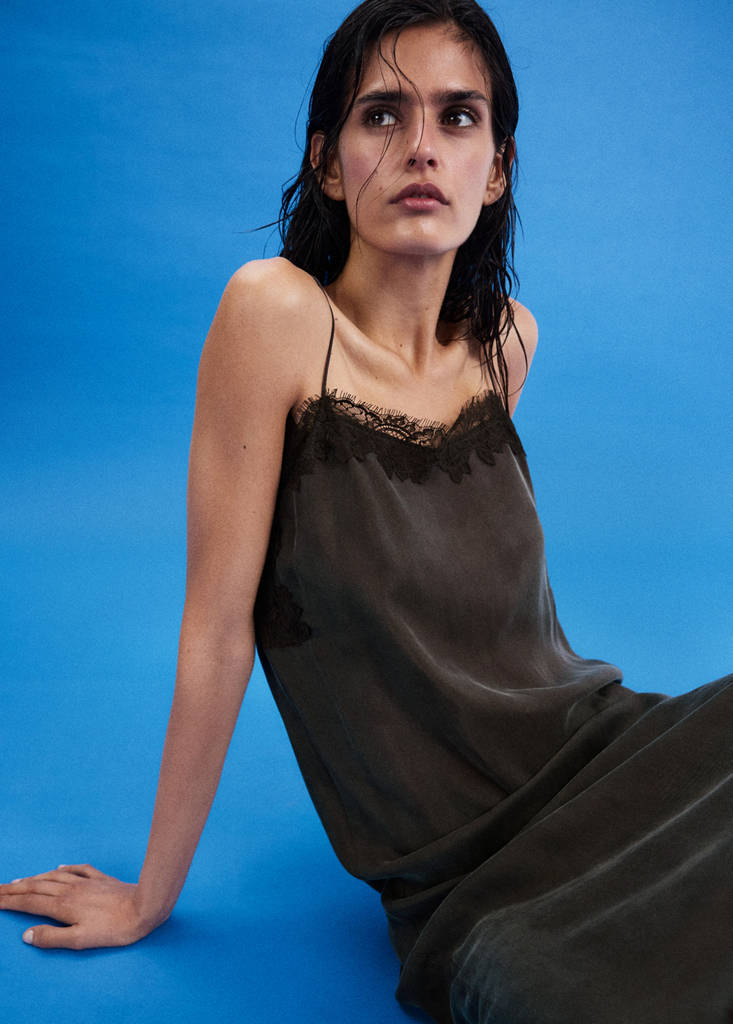 Lace slip dress with side split — Brown
