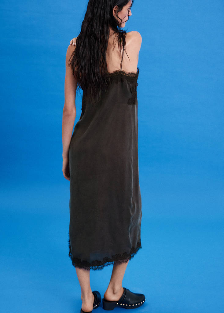 Lace slip dress with side split — Brown