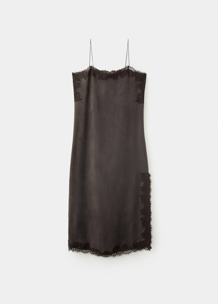 Lace slip dress with side split — Brown