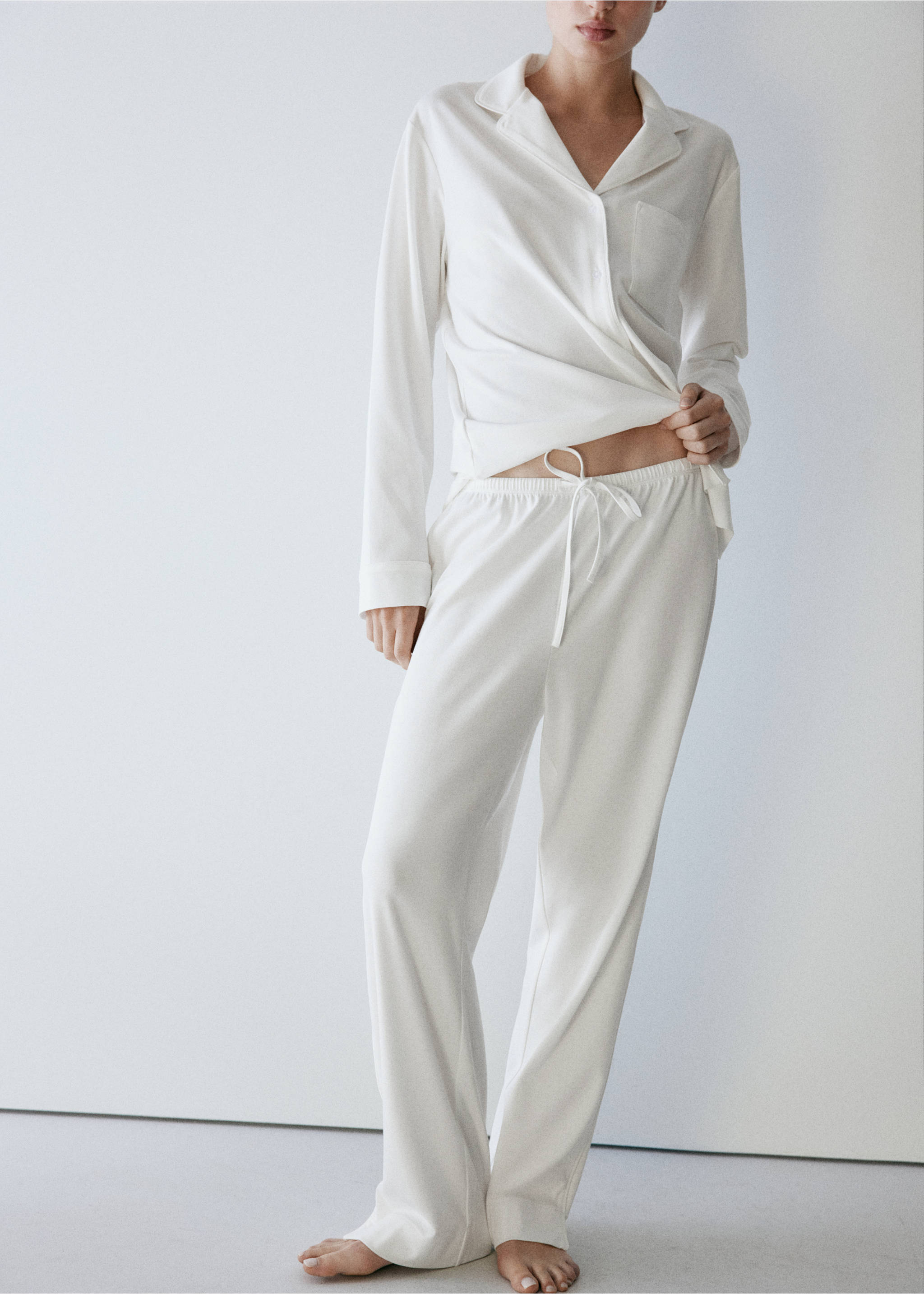 Pantalón pijama algodón elástico cintura ajustable - Plano medio, Blanco. Ref: 37082913-00.