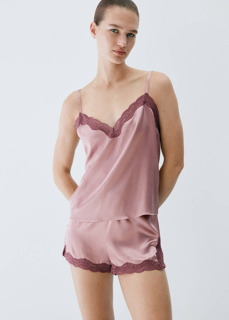 Silk shorts with contrasting lace trim — Pastel Pink