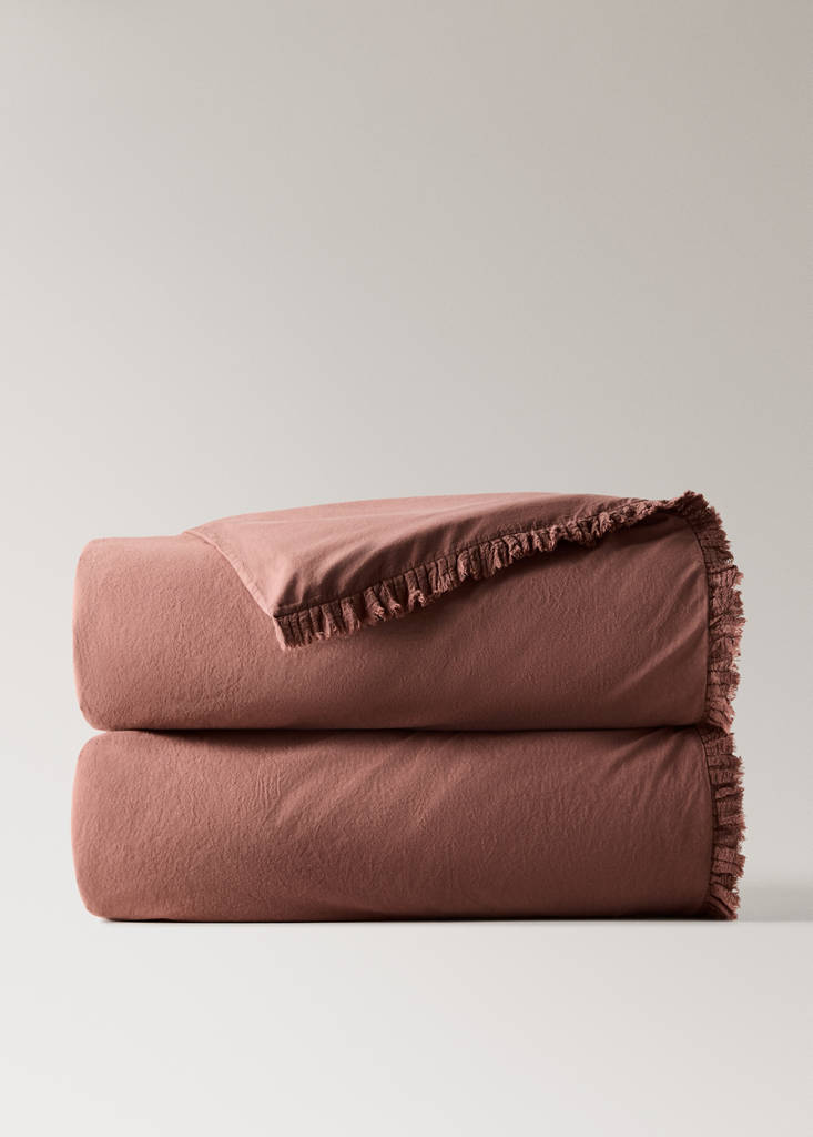 Washed cotton duvet cover with frayed gauze frill for 180/200cm bed — Medium Pink